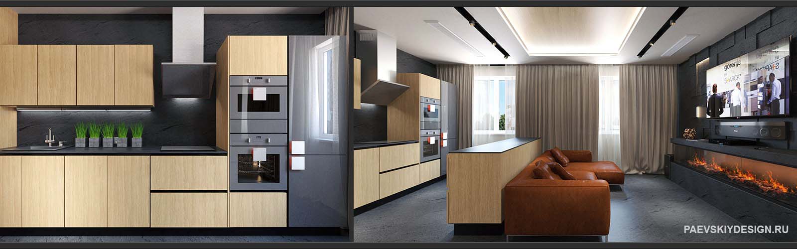 Дизайн проект кухни гостиной 30 кв м с деревянными фасадами