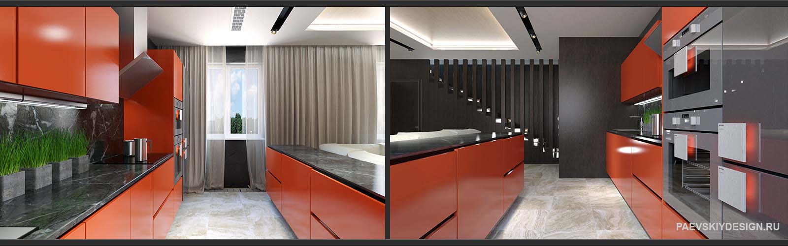 Дизайн проект кухни гостиной таунхауса с оранжевыми фасадами кухни