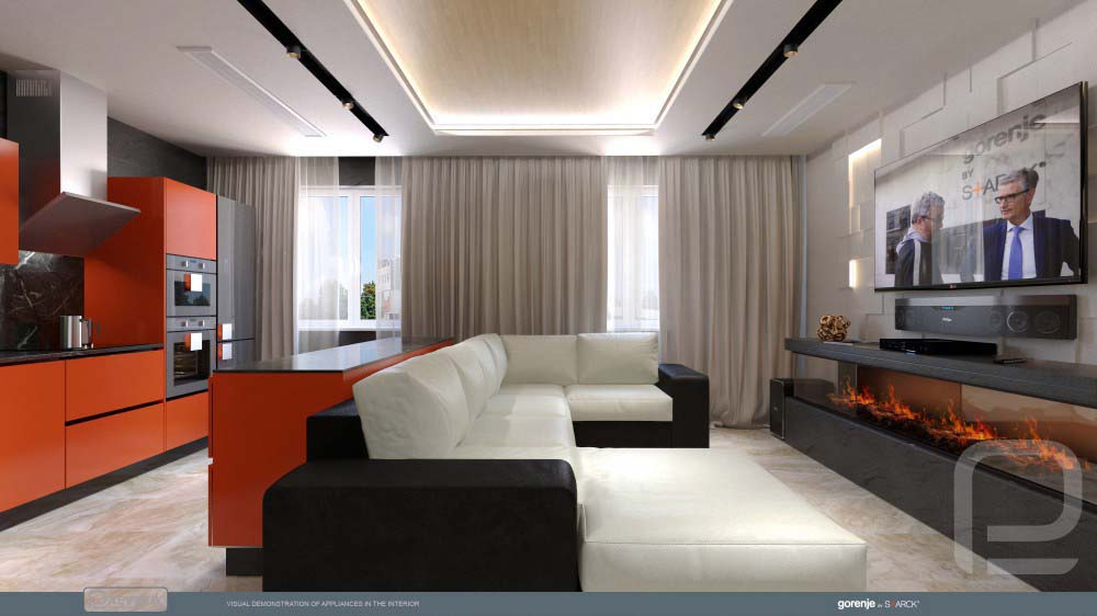 Дизайн проект кухни гостиной таунхауса с оранжевыми фасадами кухни
